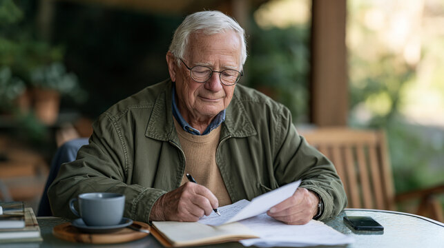 An elderly retired bookkeeper sits at a frosted glass outdoor table on a misty autumn morning reviewing handwritten ledger pages, the quiet rural lane behind them barely visible,