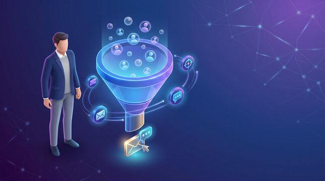 AI Marketing Automation Concept, Futuristic Isometric Illustration