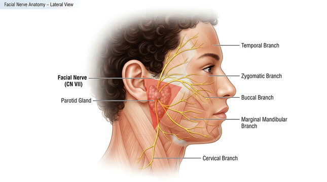 Lateral view of human facial nerve anatomy with labeled branches