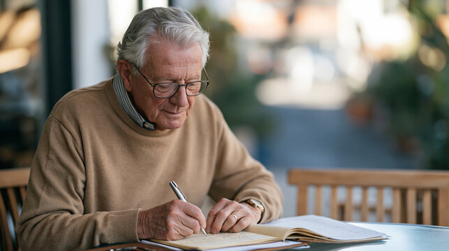 An elderly retired bookkeeper sits at a frosted glass outdoor table on a misty autumn morning reviewing handwritten ledger pages, the quiet rural lane behind them barely visible,