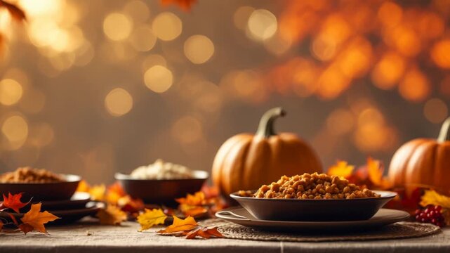 Autumn dinner still life pumpkin atmosphere background with yellow and red leaves AI Generative
