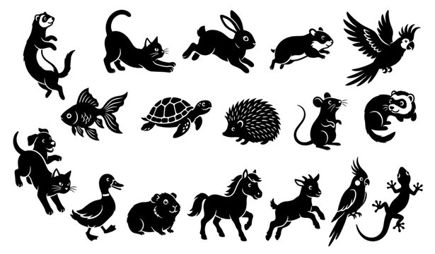 Playful pet animal silhouette vector collection with cute cat dog rabbit bird fish turtle and domestic wildlife icons