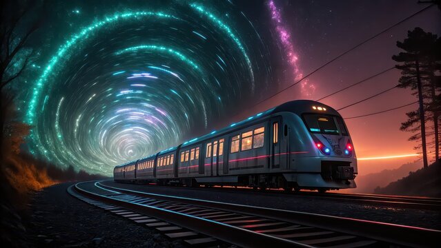 Futuristic train traveling on magnetic track through vortex
