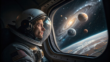 Fototapeta premium Astronaut looking out of spaceship window at distant planets