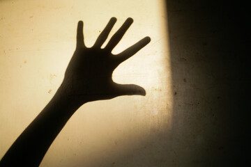 Close up shadow of open palm hand gesture on the white dirty wall © ozzuboy