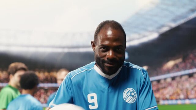 Portrait of Black footballer kissing ball on pitch before soccer game, wearing blue jersey with teammates ready to play and blurred stadium crowd.