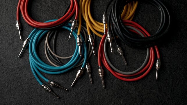 Mixed colorful audio cables lie coiled together on black textured surface