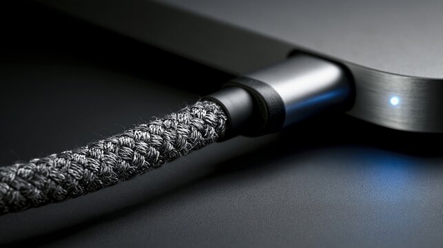 Heavy braided charging cable plugs into dark modern mobile device