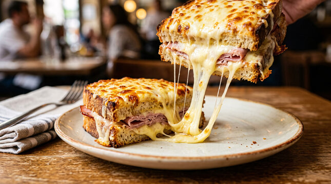 Delicious toasted ham and cheese sandwich with melted cheese pull on a rustic plate.