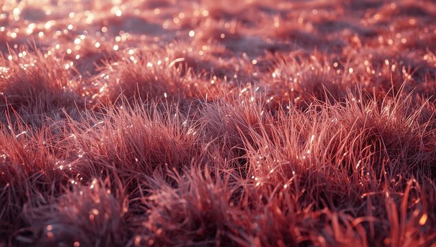 Close up of vibrant red grass blades illuminated by warm golden sunlight.
