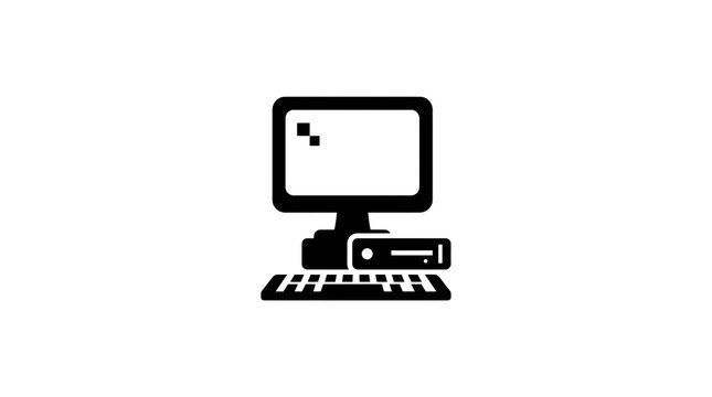 black computer interface icon isolated on white background, computer desktop icon with keyboard and tower, desktop pc and keyboard symbol, computer technology silhouette icon