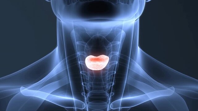 Thyroid gland highlighted in human neck anatomy illustration for endocrine health study