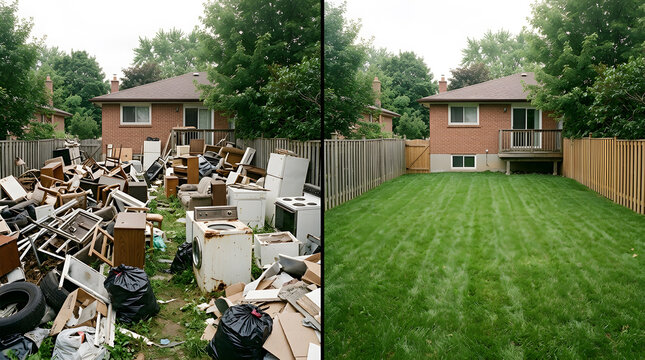 Backyard cleanup before and after | Professional junk removal services | Residential yard debris clearing | Trash haul off and lawn restoration | Residential property cleanup transformation