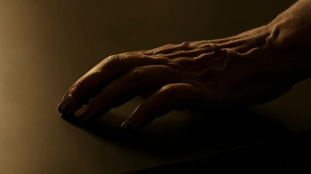Clenched human hand rests on dark reflective surface in warm low light