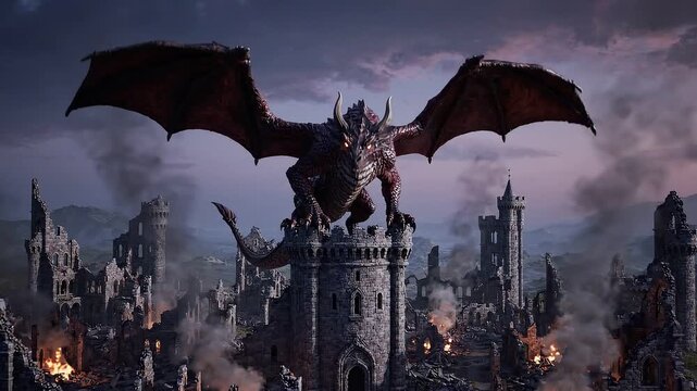 Massive Dragon Perched on Ruined Castle Tower in Burning Medieval City.