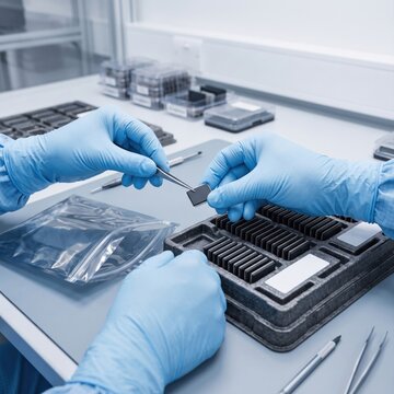 Technician with gloved hands using tweezers for semiconductor chip packaging and assembly