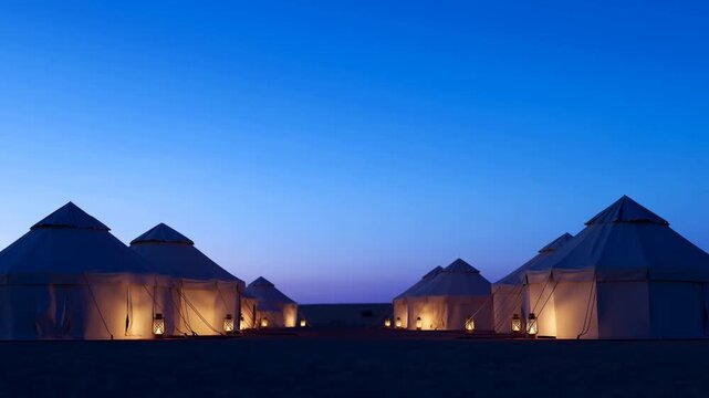 Illuminated glamping tents line a desert camp road beneath a deep blue dusk sky