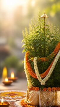 Sacred Tulsi Vivah plant glowing among traditional oil lamps