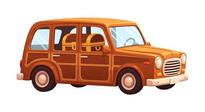Cartoon car trunk and vintage wooden wagon with treasure chest