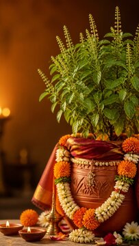 Close vertical Tulsi Vivah portrait with glowing ceremonial decor