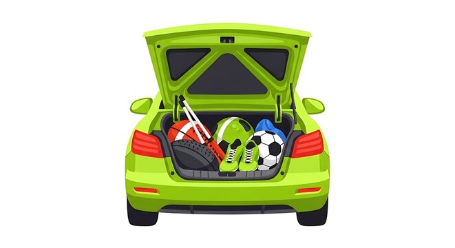 Open Cartoon car trunk with sports equipment inside