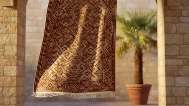 Patterned rug hanging in sunlit stone courtyard beside a potted palm