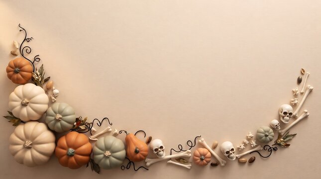 Halloween border arrangement of colorful pumpkins, small skulls, and bones on a light beige background, for a festive, seasonal celebration