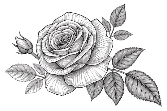Detailed black and white rose illustration with leaves