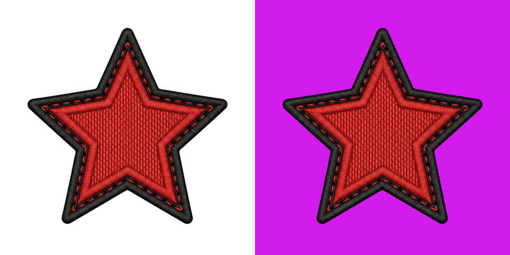 Embroidered red star patch design with black stitch border transparent png