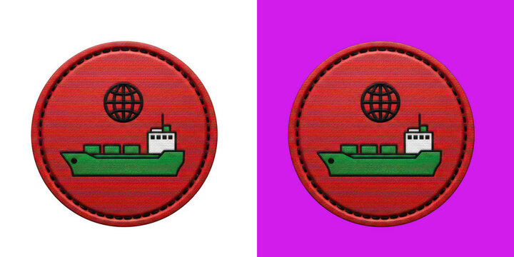 Embroidered red round patches with cargo ship and globe