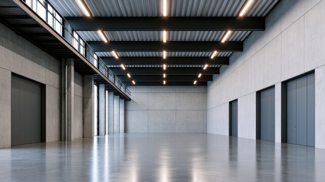 Empty industrial warehouse interior with exposed steel beams and linear lighting for architectural design background and poster