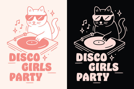 Disco girls party night vinyl theme record player DJ cat funny illustration for event invitation invite card. Analog music 80s 70s girly pink aesthetic sticker shirt design retro vintage poster print.