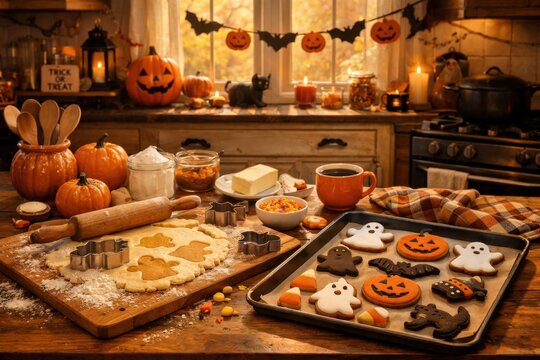 Halloween cookie baking scene with pumpkin ghost and bat treats in a cozy autumn kitchen