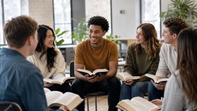 Young adults studying together in a diverse group with books during a community discussion