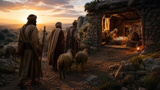 Shepherds with sheep approaching a glowing nativity stable at sunset in Bethlehem