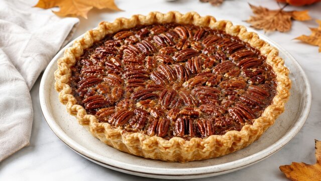 Traditional pecan pie with caramelized nut filling served for Thanksgiving holiday dessert