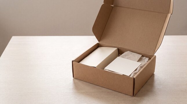 Open empty cardboard subscription box with paper inserts on table