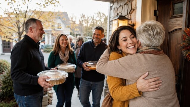 Thanksgiving guests arriving with homemade food and sharing a warm family welcome at home
