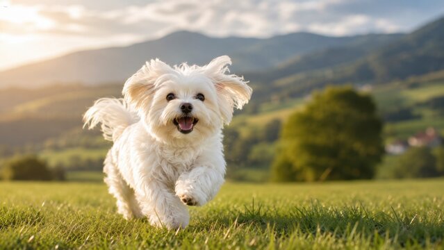 Happy small white dog running across green grass in a sunny mountain landscape