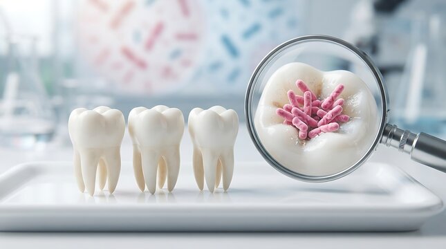 Dental health concept with teeth and magnifying glass showing bacteria