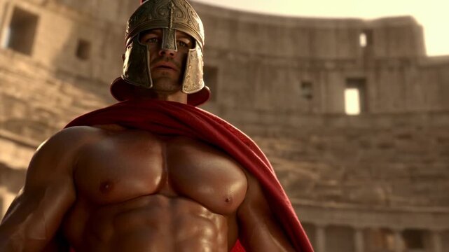 Armored ancient warrior standing in sunlit stone arena wearing red cape