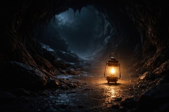 Mysterious glowing lantern illuminating a dark cave passage with dramatic atmosphere and natural rock walls