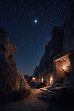 Ancient desert canyon village beneath brilliant starry night sky with glowing evening lights and serenity