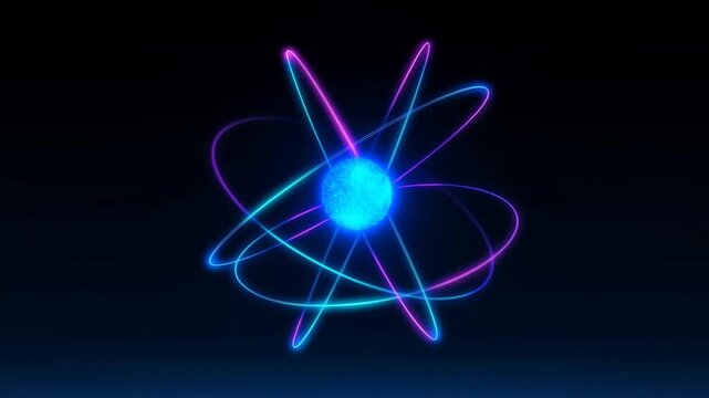 Glowing atom with colorful electron orbits on dark background, science concept