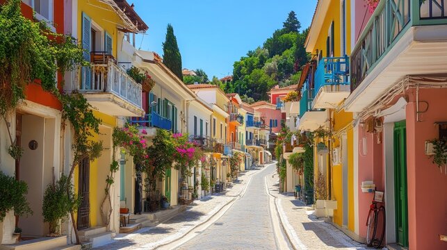 Colorful greek street with traditional houses flowers and bright sunny mediterranean travel scenery