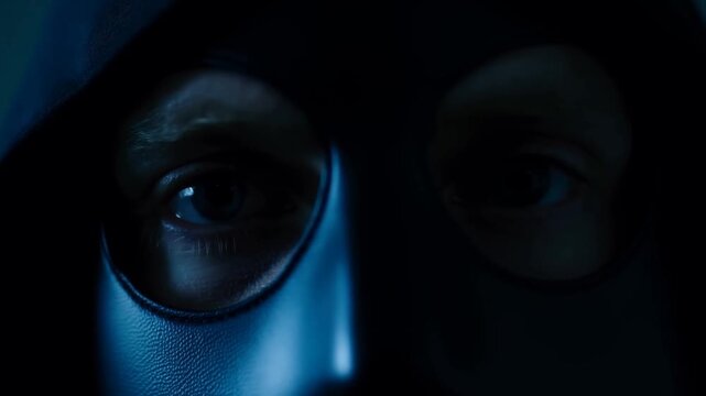 Hooded masked person stares ahead in dark blue light with face mostly obscured