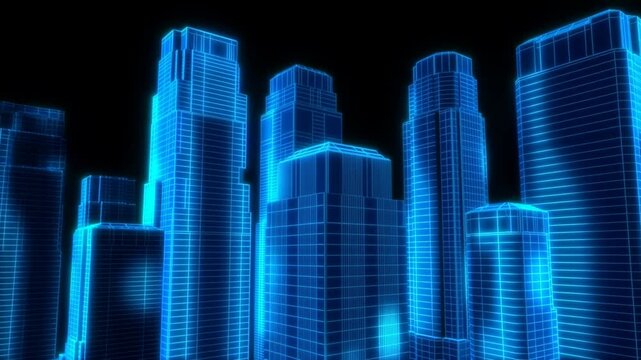 Neon wireframe skyscrapers form a futuristic city skyline against a black background