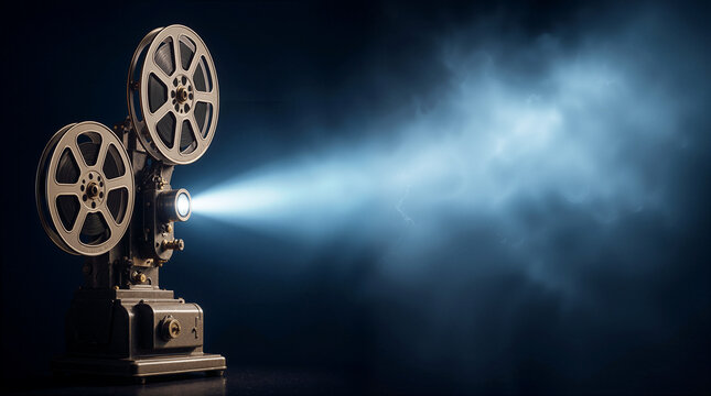 Vintage Film Projector Projecting Bright Light Beam into Dark Smoky Background for Cinema Concept