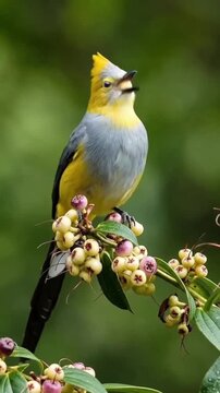 A vibrant yellow crested bird perched gracefully on a leafy branch enjoying fresh wild berries against a soft blurred lush green forest background scenery yellow crowned night heron.