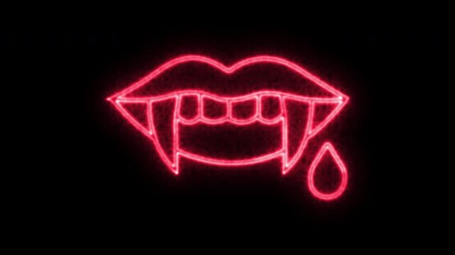 Red glowing neon vampire lips with sharp fangs and a single drop of blood  animation light effect.